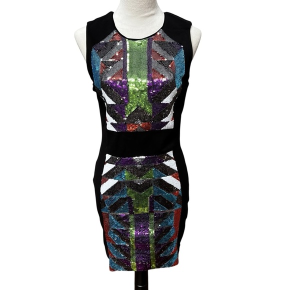 Bebe Black Stretchy Dress Women’s Medium Sequins Back Zipper - Picture 1 of 13